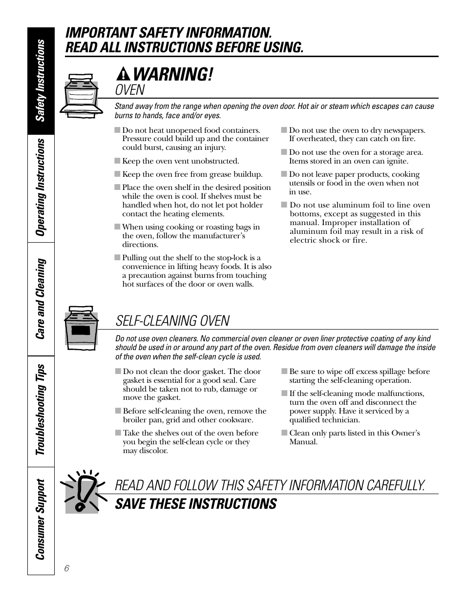 Warning, Self-cleaning oven | GE Monogram JBP65 User Manual | Page 6 / 32