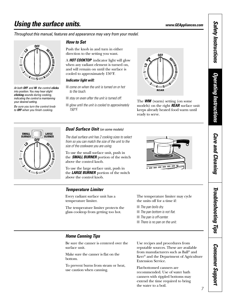 Surface units, Surface units –9, Using the surface units | GE Monogram JBP65 User Manual | Page 7 / 32