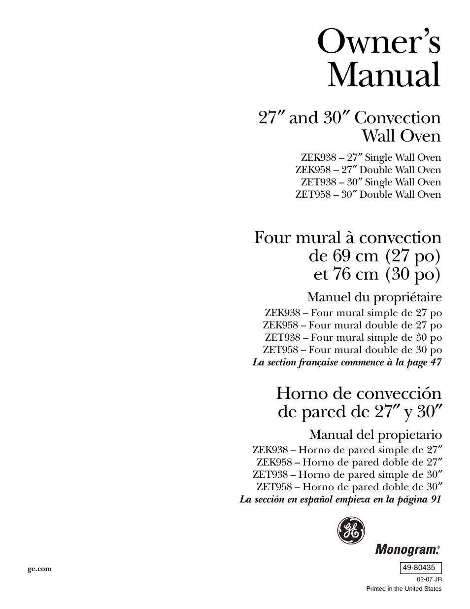 GE Monogram ZEK938 – 27 ″ Single Wall Oven User Manual | 136 pages