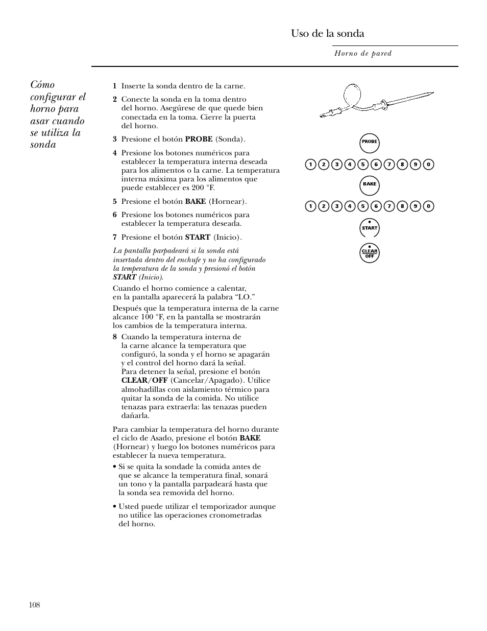 Uso de la sonda | GE Monogram ZEK938 – 27 ″ Single Wall Oven User Manual | Page 108 / 136