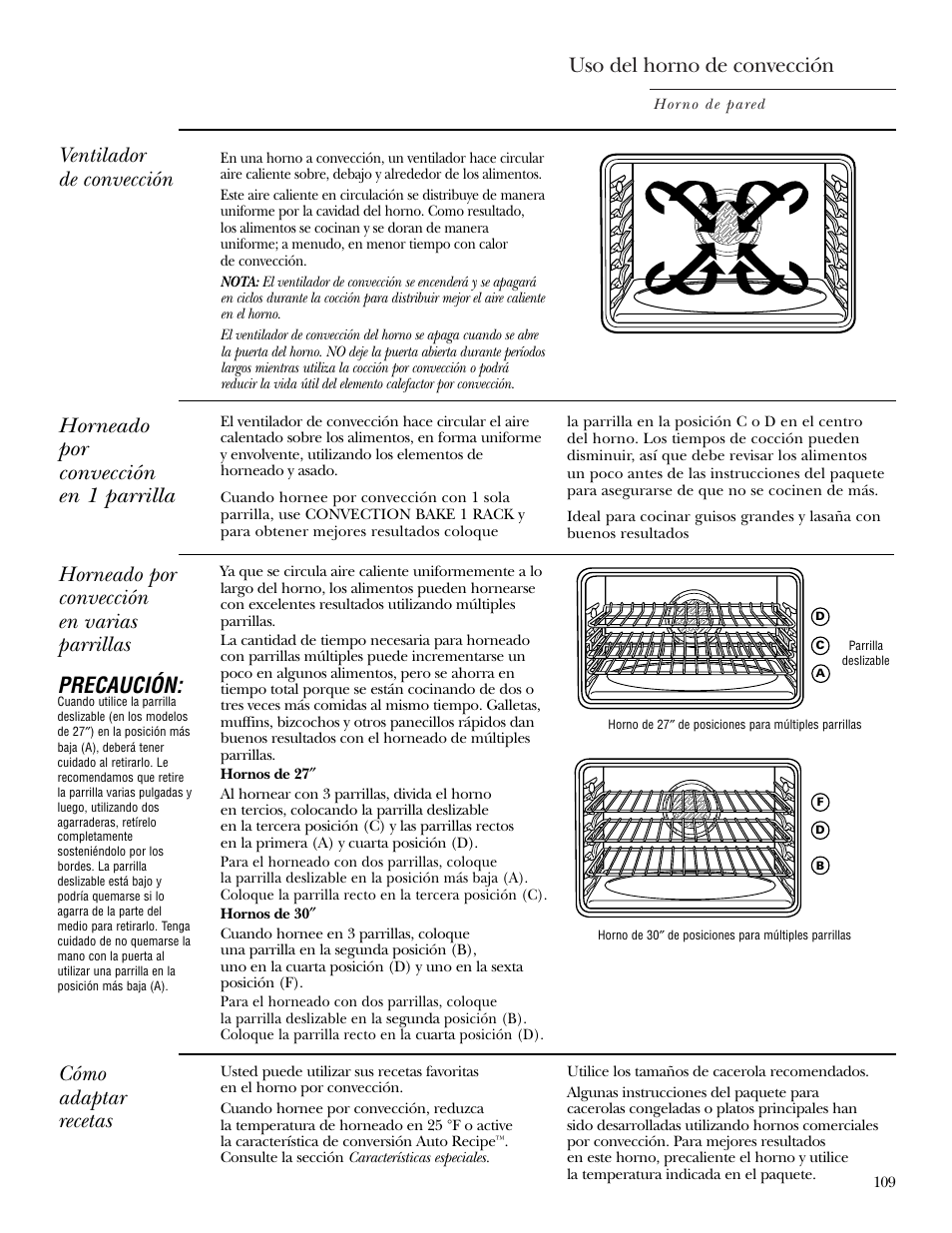Convección, Convección –114, Uso del horno de convección | Ventilador de convección cómo adaptar recetas, Horneado por convección en varias parrillas, Precaución, Horneado por convección en 1 parrilla | GE Monogram ZEK938 – 27 ″ Single Wall Oven User Manual | Page 109 / 136