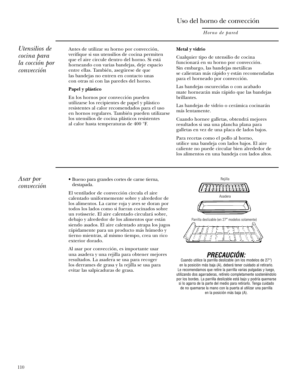 Asar por convección, Precaución, Uso del horno de convección | GE Monogram ZEK938 – 27 ″ Single Wall Oven User Manual | Page 110 / 136