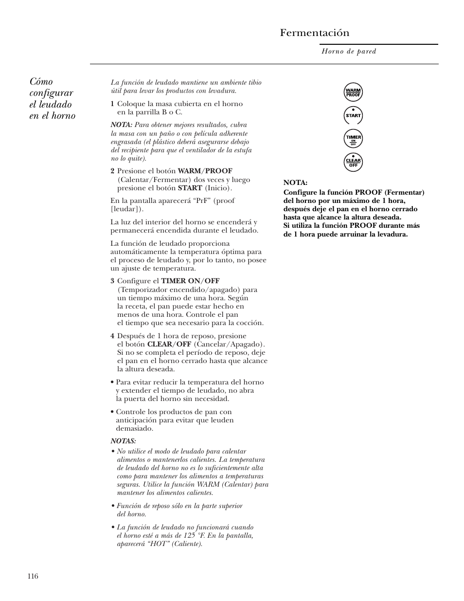 Fermentación, Cómo configurar el leudado en el horno | GE Monogram ZEK938 – 27 ″ Single Wall Oven User Manual | Page 116 / 136