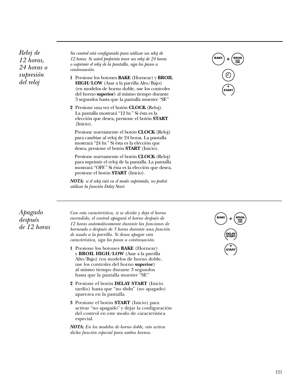 Reloj de 12 horas, 24 horas o supresión del reloj, Apagado después de 12 horas | GE Monogram ZEK938 – 27 ″ Single Wall Oven User Manual | Page 121 / 136