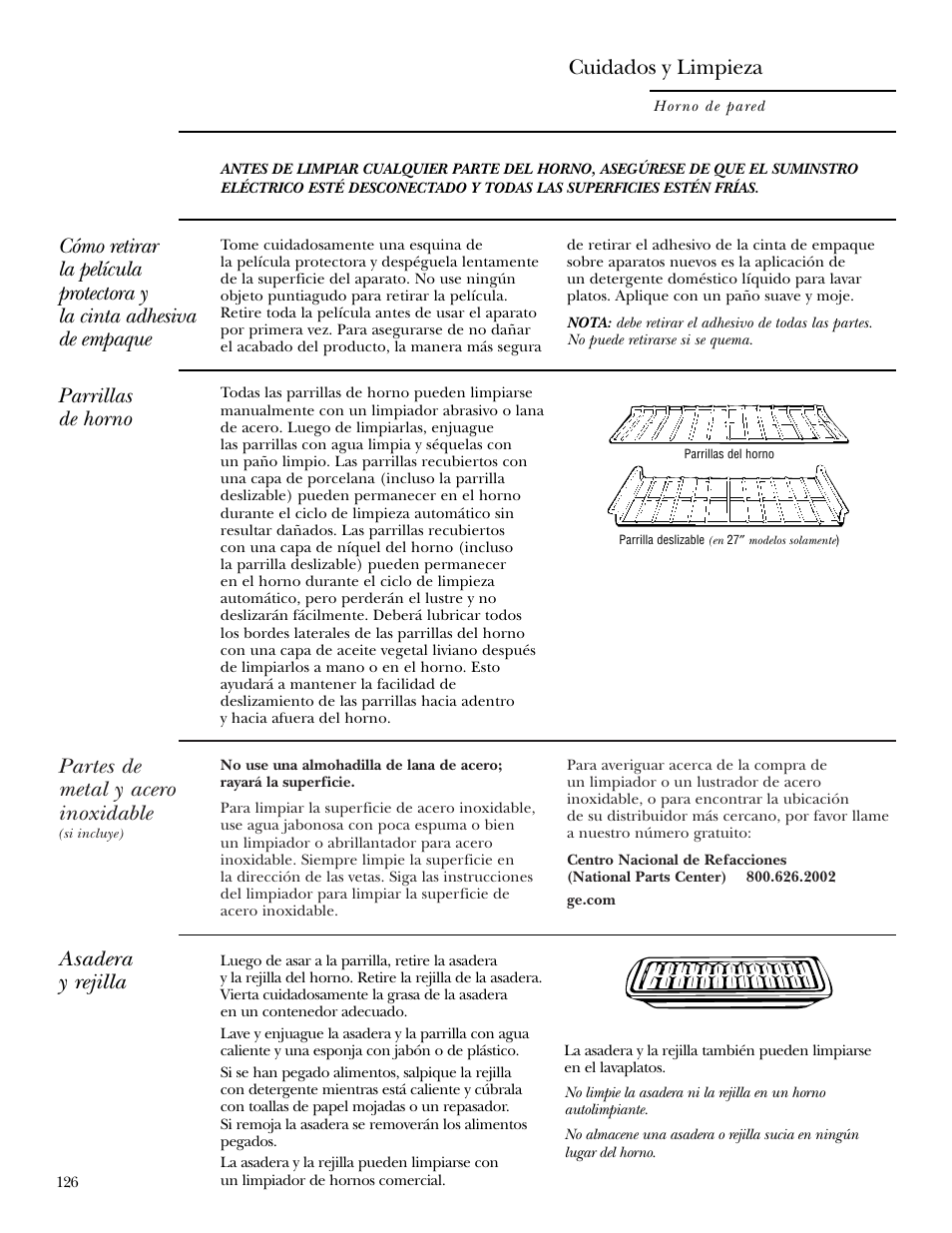 Asadera y rejilla, Parrillas, Partes de metal y acero inoxidable | Parrillas partes de metal y acero inoxidable, Parrillas de horno, Cuidados y limpieza | GE Monogram ZEK938 – 27 ″ Single Wall Oven User Manual | Page 126 / 136