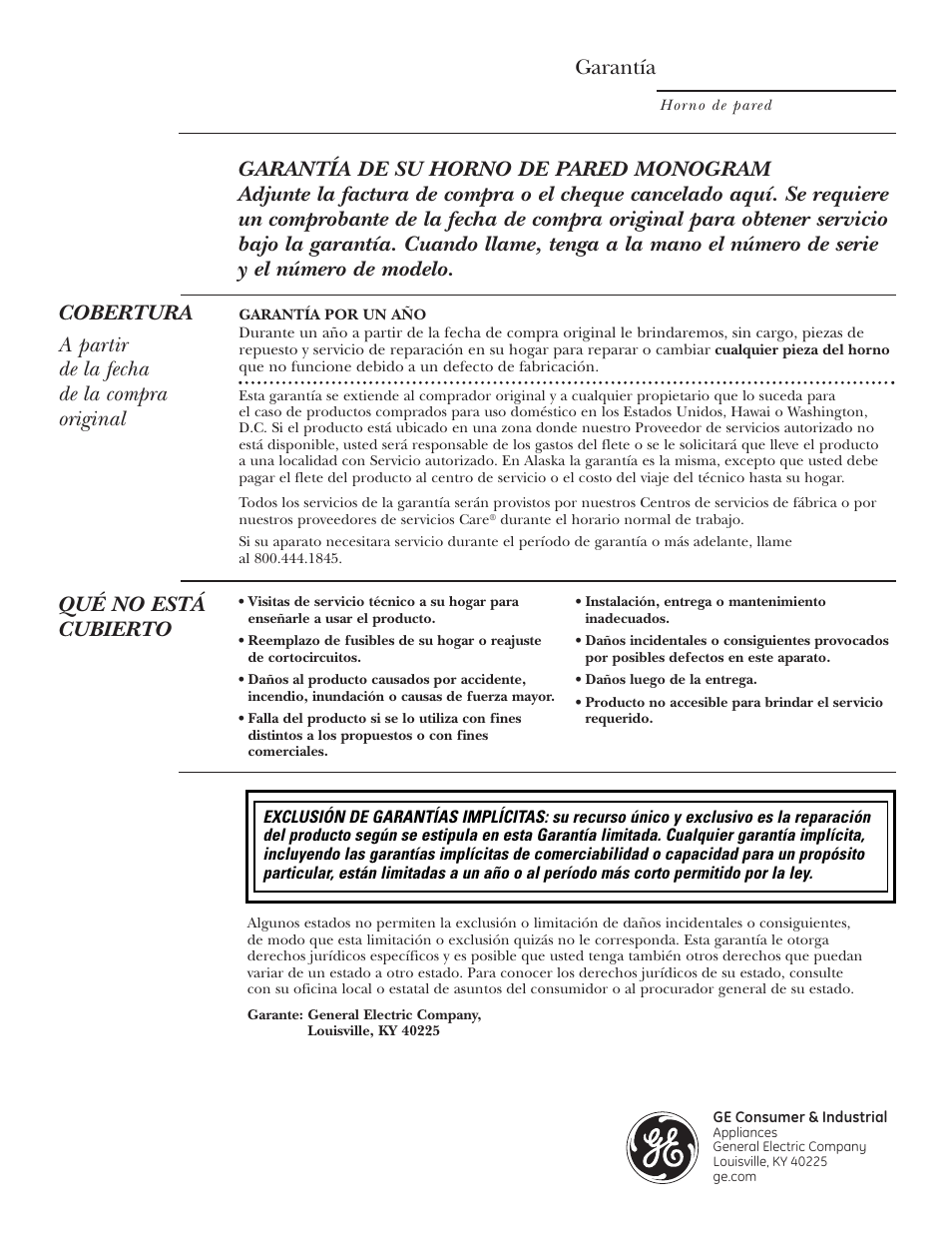 Garantía, Qué no está cubierto | GE Monogram ZEK938 – 27 ″ Single Wall Oven User Manual | Page 136 / 136
