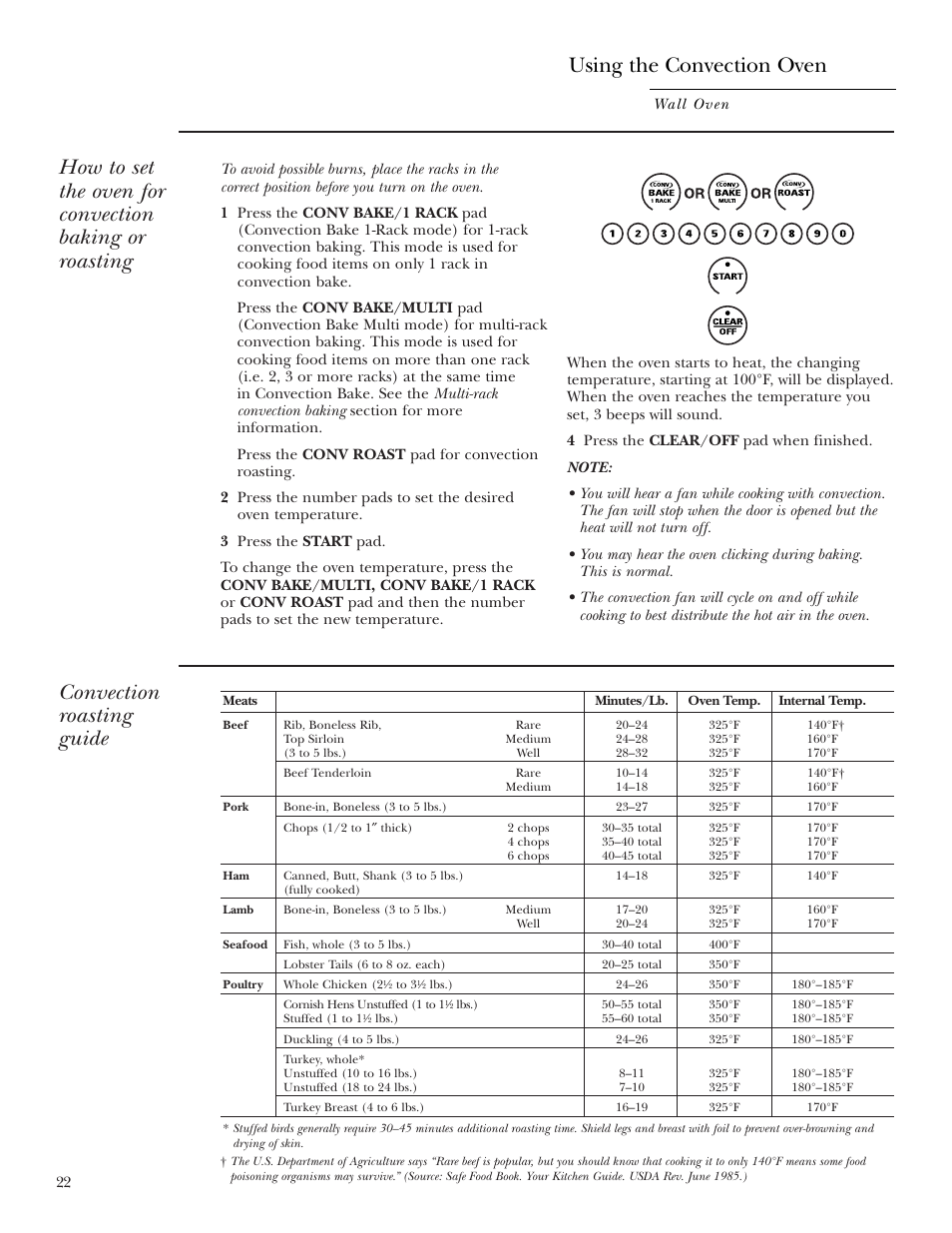 Convection roasting guide, Using the convection oven | GE Monogram ZEK938 – 27 ″ Single Wall Oven User Manual | Page 22 / 136