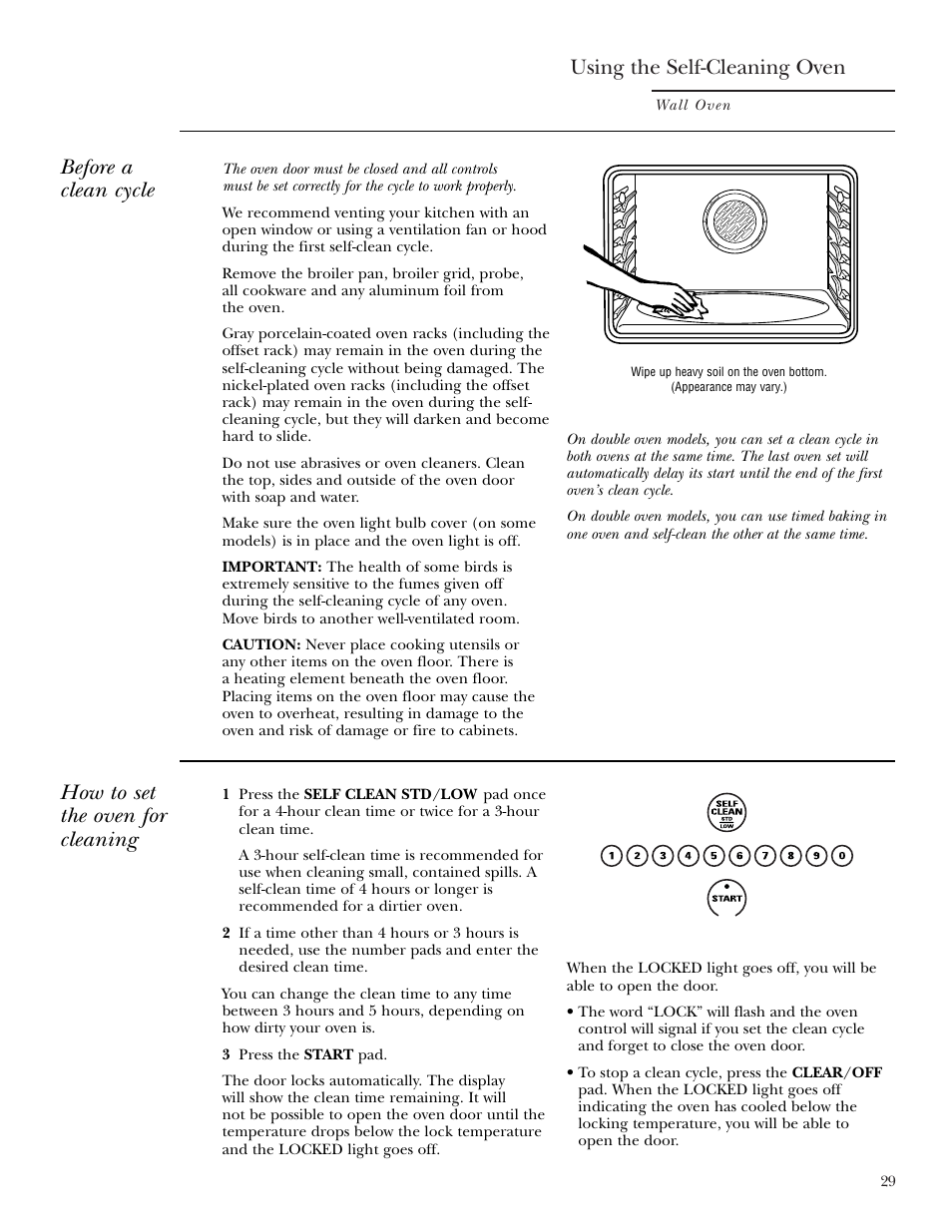 Self-cleaning oven, Self-cleaning oven , 30, Using the self-cleaning oven | Before a clean cycle, How to set the oven for cleaning | GE Monogram ZEK938 – 27 ″ Single Wall Oven User Manual | Page 29 / 136