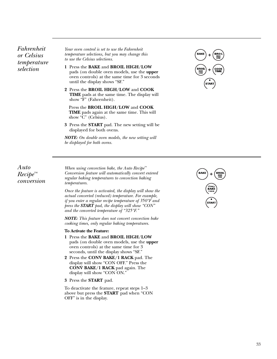 Fahrenheit or celsius temperature selection, Auto recipe, Conversion | GE Monogram ZEK938 – 27 ″ Single Wall Oven User Manual | Page 33 / 136