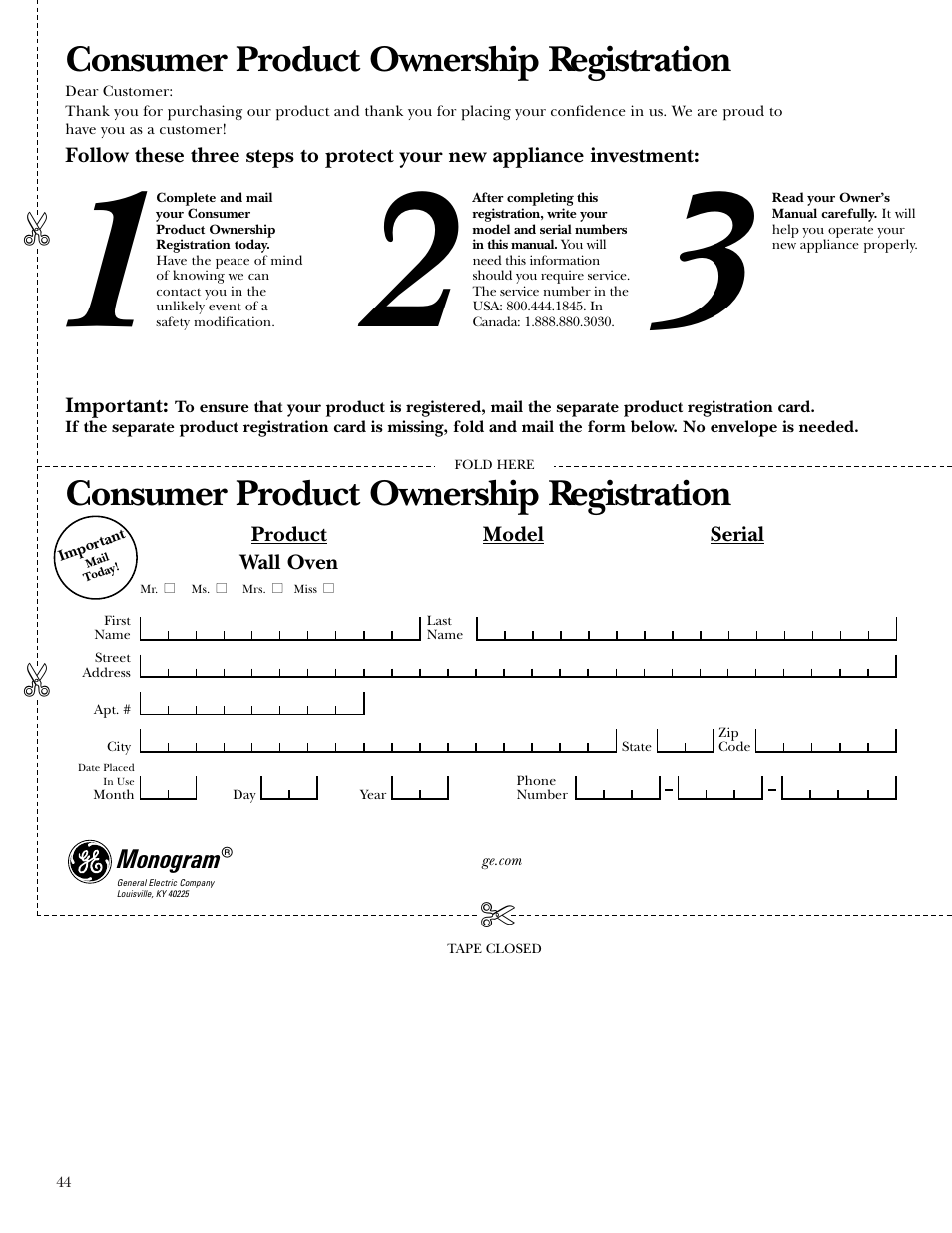 Consumer product ownership registration | GE Monogram ZEK938 – 27 ″ Single Wall Oven User Manual | Page 44 / 136