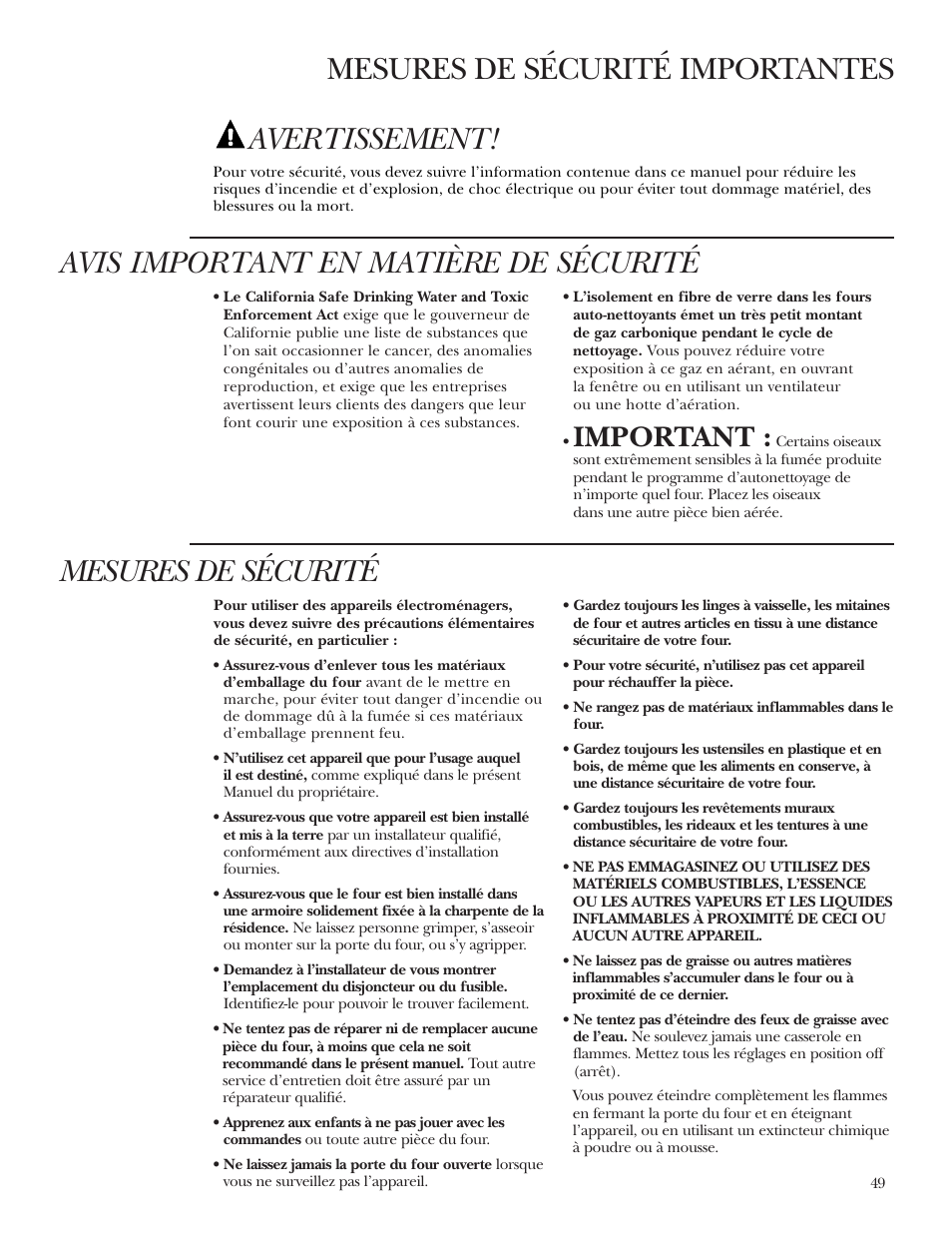 Consignes de sécurité, Consignes de sécurité –51, Mesures de sécurité avertissement | Important | GE Monogram ZEK938 – 27 ″ Single Wall Oven User Manual | Page 49 / 136