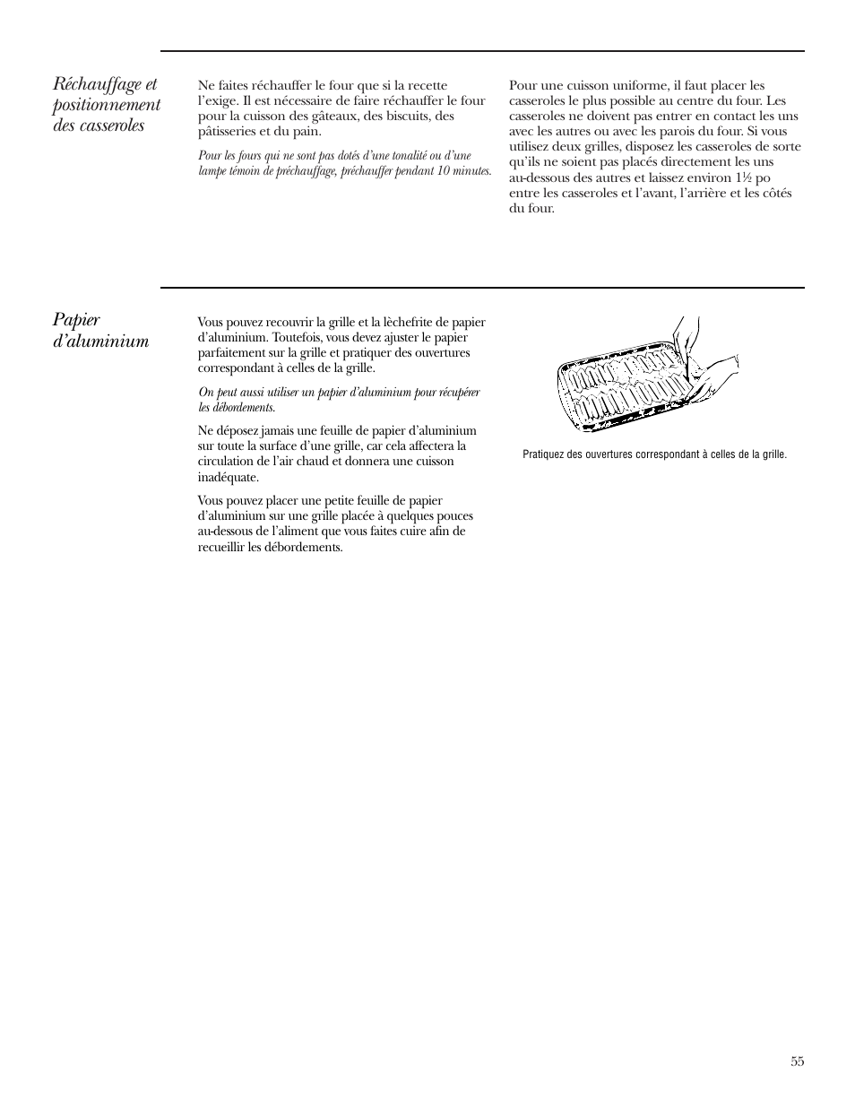 Réchauffage et positionnement des casseroles, Papier d’aluminium | GE Monogram ZEK938 – 27 ″ Single Wall Oven User Manual | Page 55 / 136