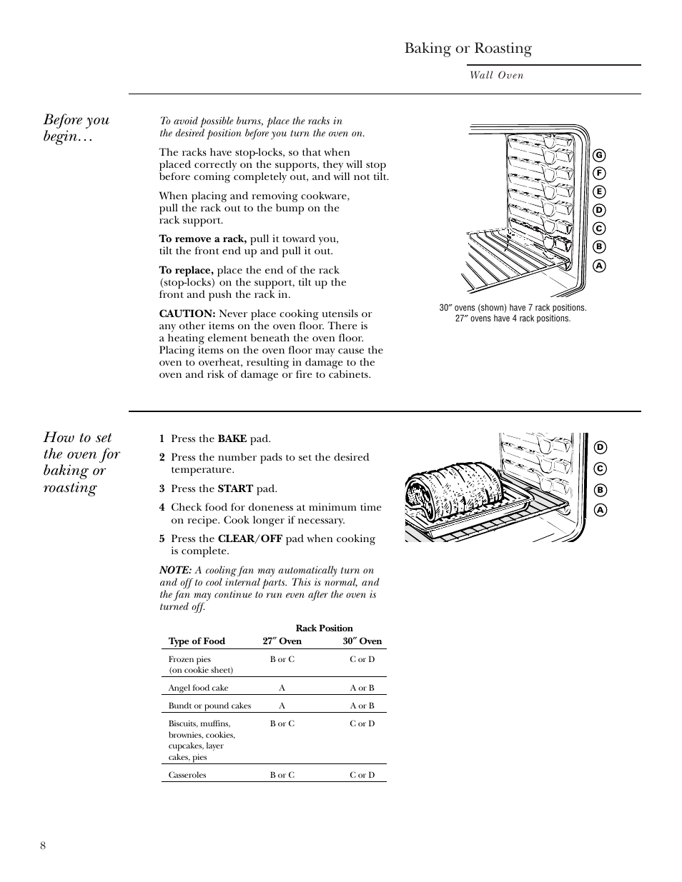 Baking or roasting, Baking or roasting , 9, Before you begin | How to set the oven for baking or roasting | GE Monogram ZEK938 – 27 ″ Single Wall Oven User Manual | Page 8 / 136