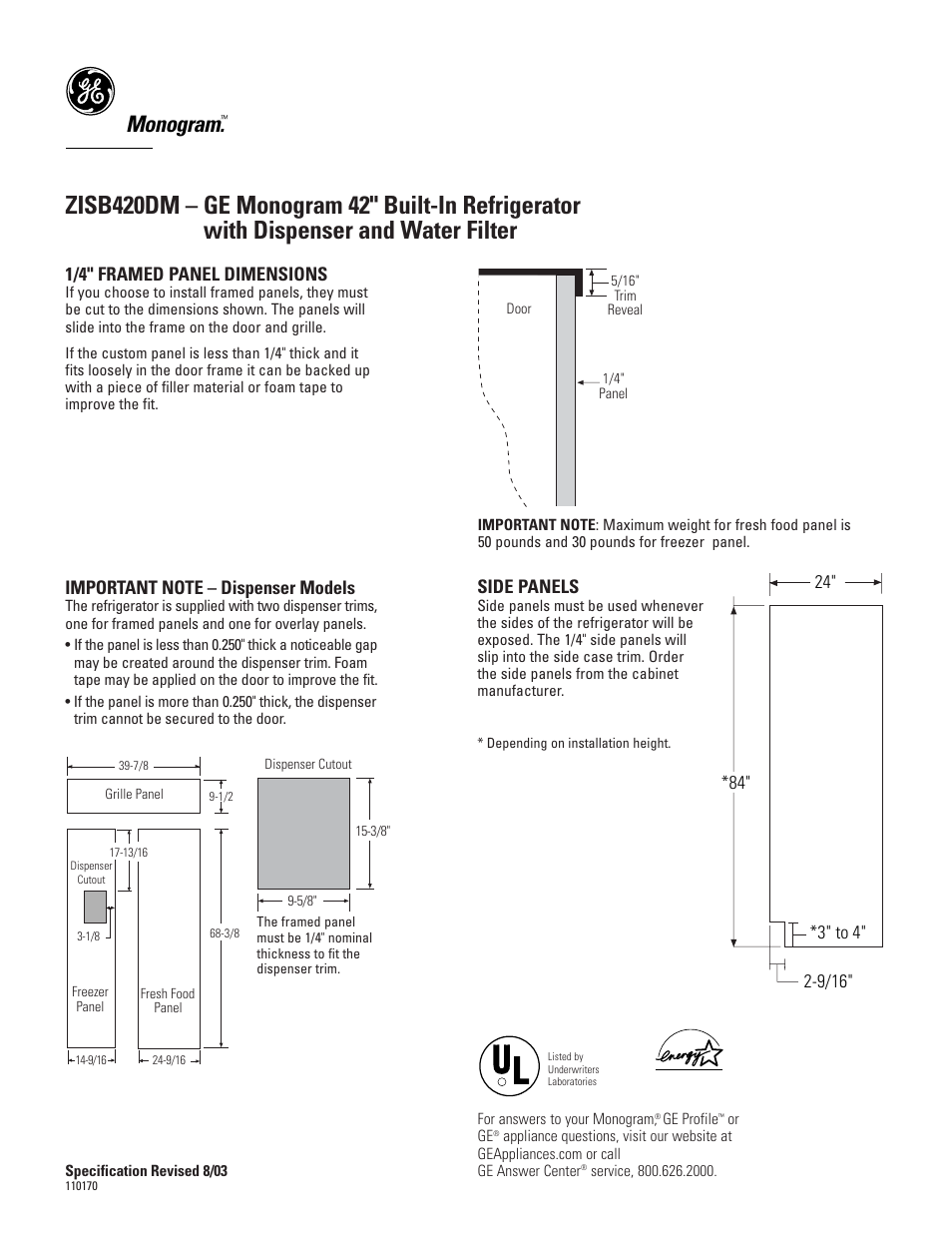 Monogram, 1/4" framed panel dimensions, Side panels | GE Monogram ZISB420DM User Manual | Page 2 / 6