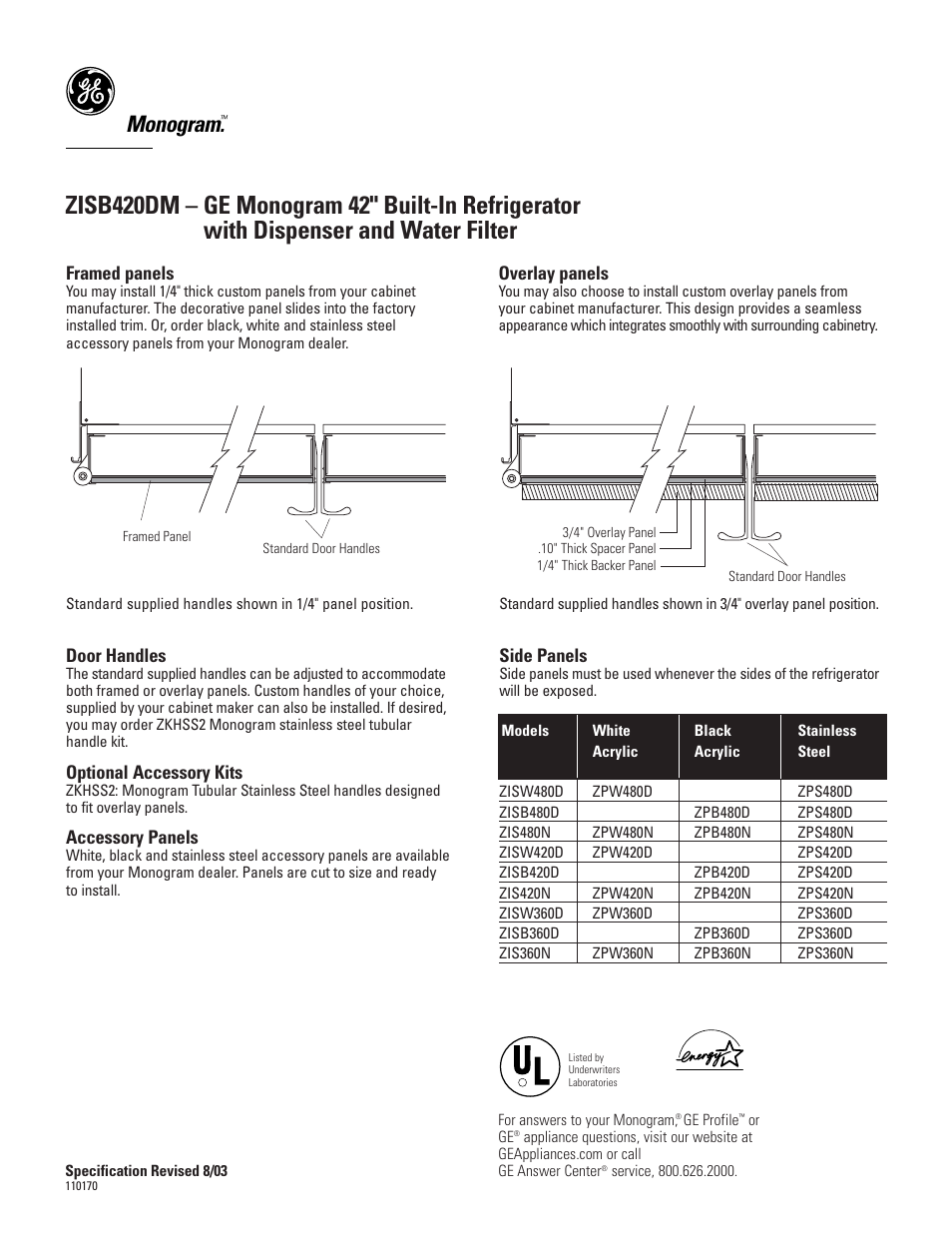 Monogram, Framed panels, Door handles | Optional accessory kits, Accessory panels, Overlay panels, Side panels | GE Monogram ZISB420DM User Manual | Page 4 / 6