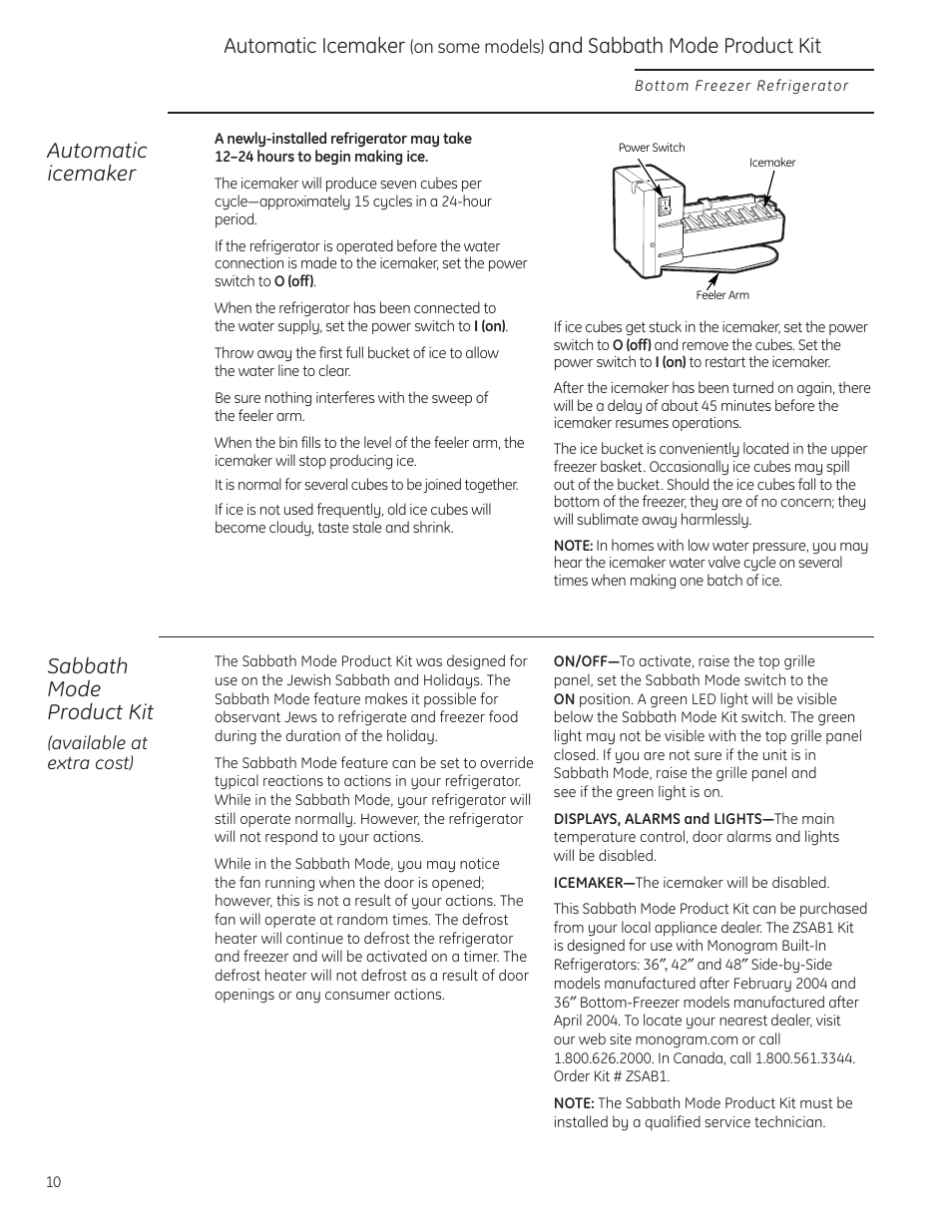 Automatic icemaker, Sabbath mode product kit, zsab1, Automatic icemaker sabbath mode product kit, zsab1 | Sabbath mode product kit, And sabbath mode product kit | GE Monogram Bottom-Freezer Built-In Refrigerator User Manual | Page 10 / 20