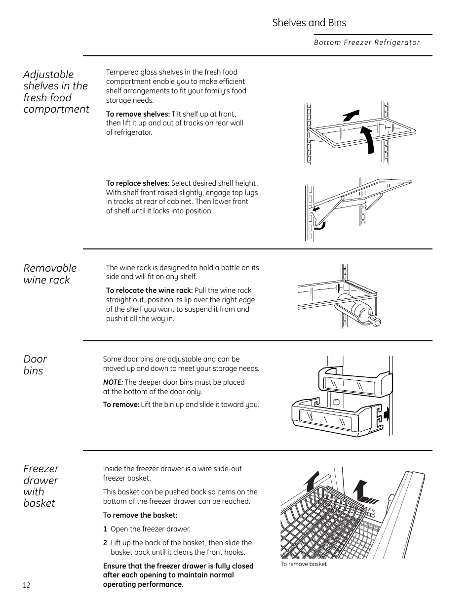 Shelves, Adjustable shelves in the fresh food compartment, Removable wine rack | Door bins, Freezer drawer with basket, Shelves and bins | GE Monogram Bottom-Freezer Built-In Refrigerator User Manual | Page 12 / 20