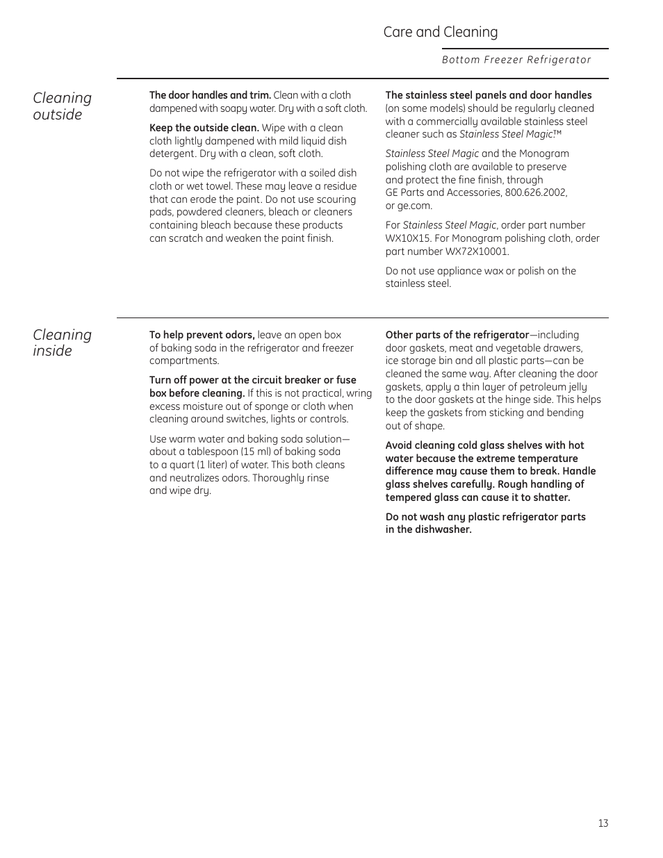 Cleaning—outside and inside, Cleaning outside, Cleaning inside | Care and cleaning | GE Monogram Bottom-Freezer Built-In Refrigerator User Manual | Page 13 / 20
