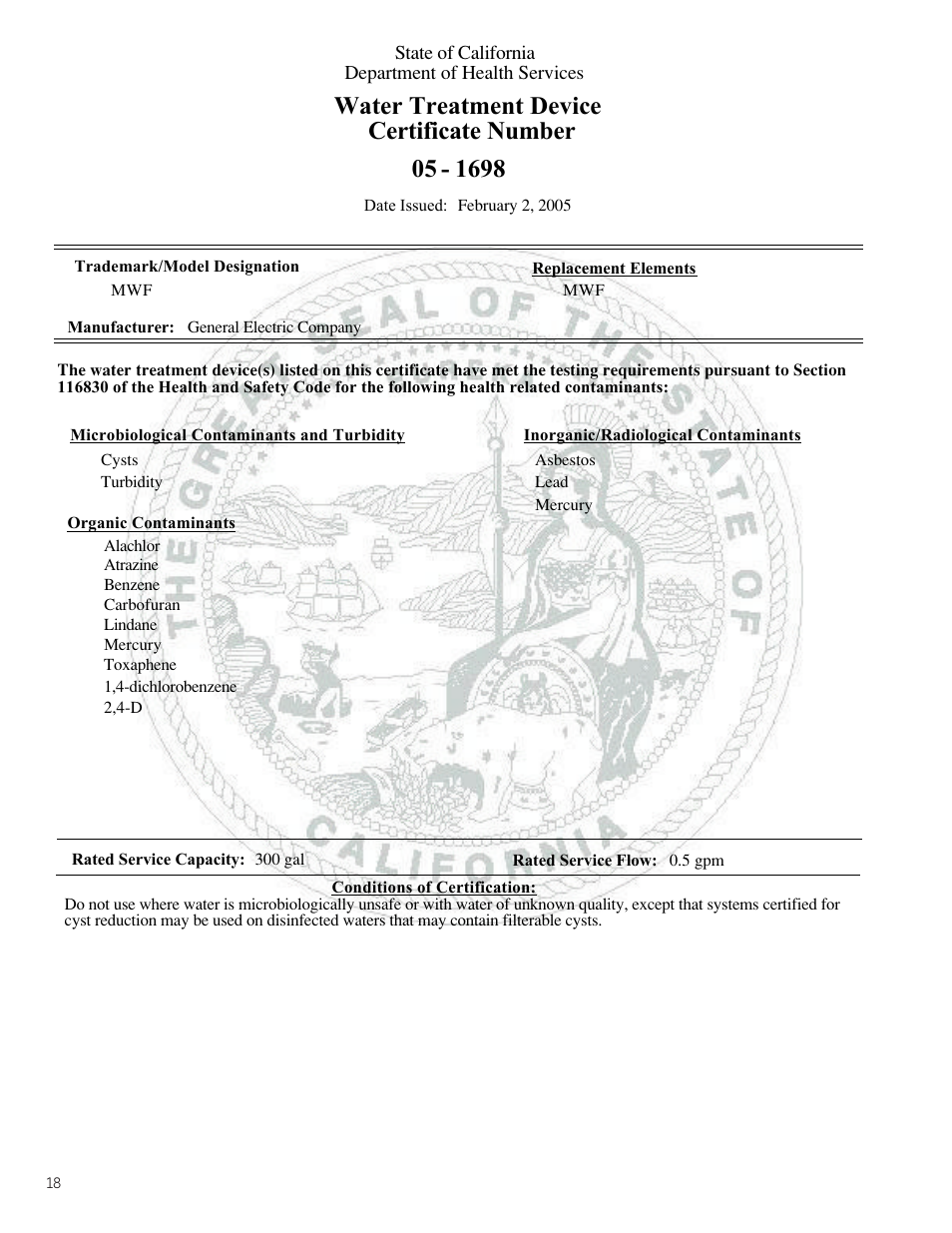 Water treatment device certificate number | GE Monogram Bottom-Freezer Built-In Refrigerator User Manual | Page 18 / 20