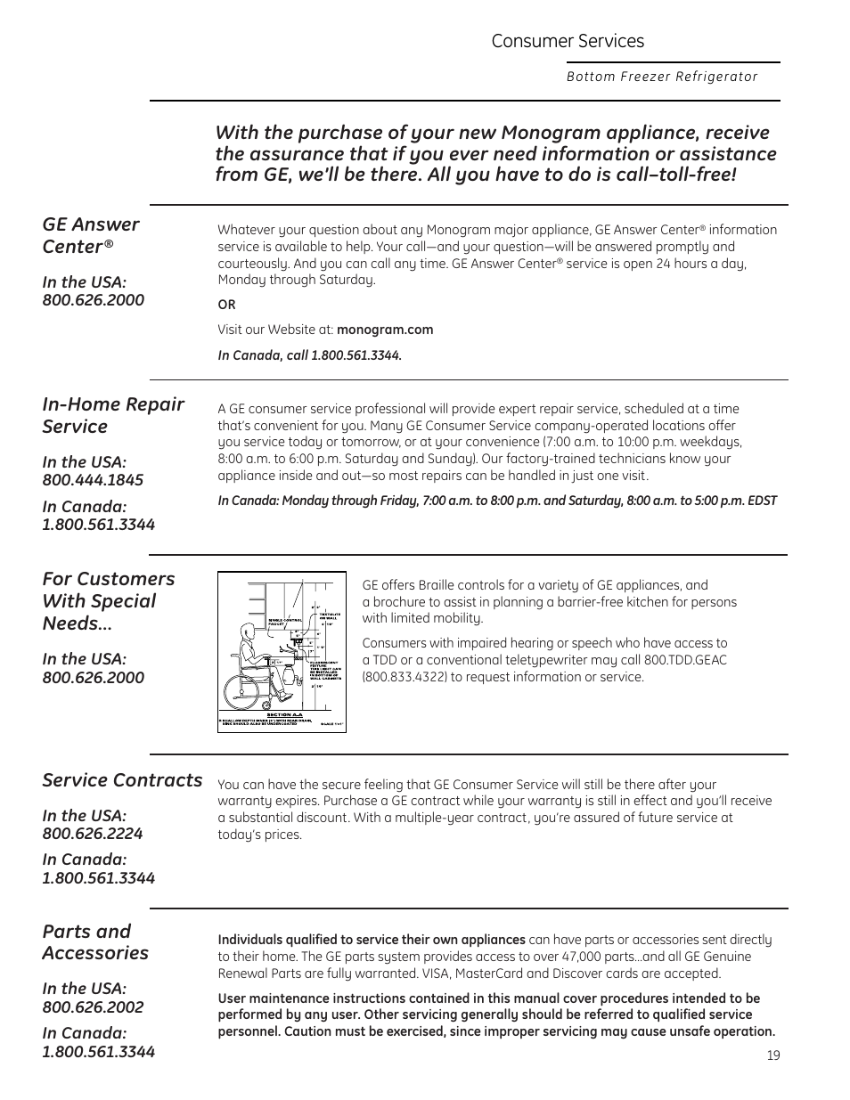 Important phone numbers, In-home repair service, Service contracts | Parts and accessories, For customers with special needs, Consumer services | GE Monogram Bottom-Freezer Built-In Refrigerator User Manual | Page 19 / 20