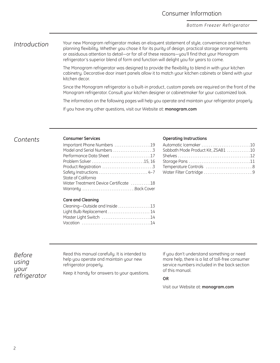 GE Monogram Bottom-Freezer Built-In Refrigerator User Manual | Page 2 / 20