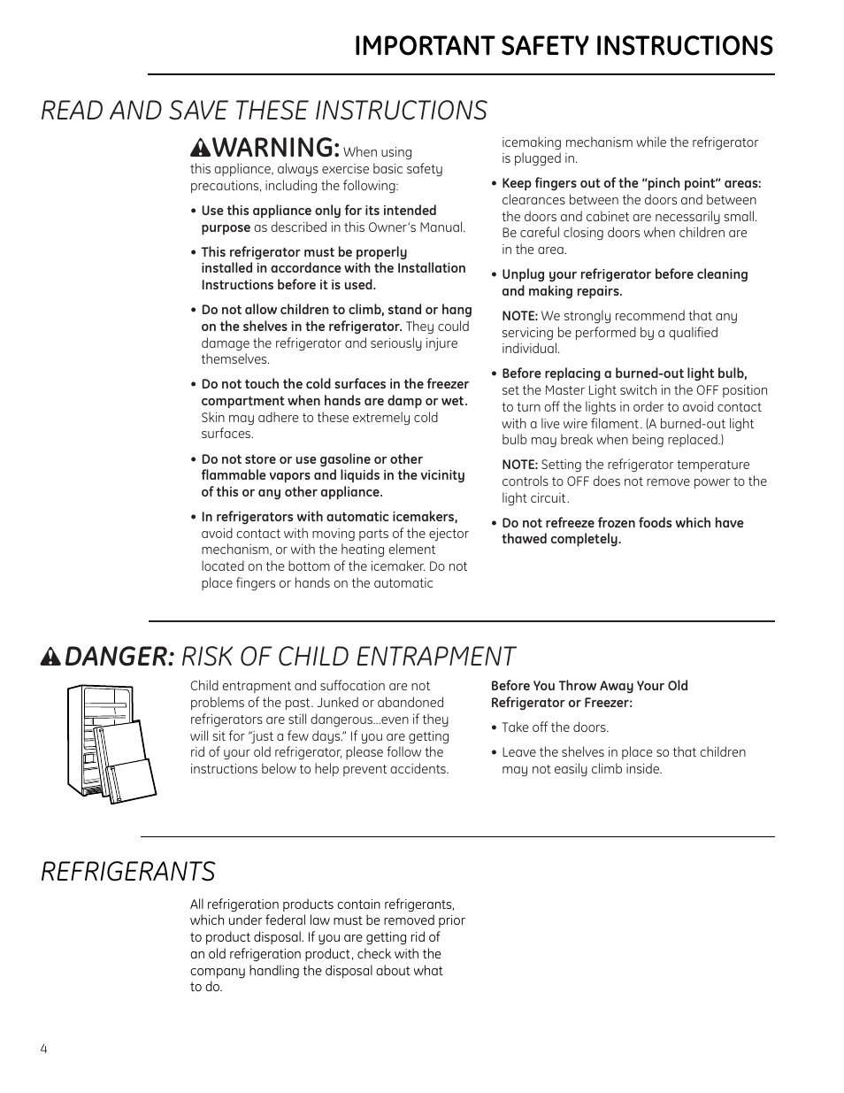 Safety instructions, Safety instructions –7, Read and save these instructions | Warning, Danger: risk of child entrapment, Refrigerants, Important safety instructions | GE Monogram Bottom-Freezer Built-In Refrigerator User Manual | Page 4 / 20