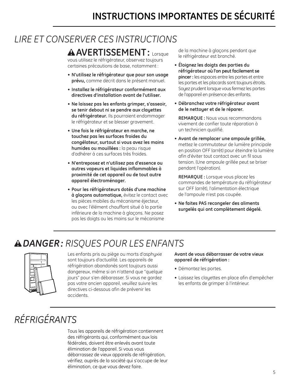 Lire et conserver ces instructions, Avertissement, Danger : risques pour les enfants | Réfrigérants, Instructions importantes de sécurité | GE Monogram Bottom-Freezer Built-In Refrigerator User Manual | Page 5 / 20
