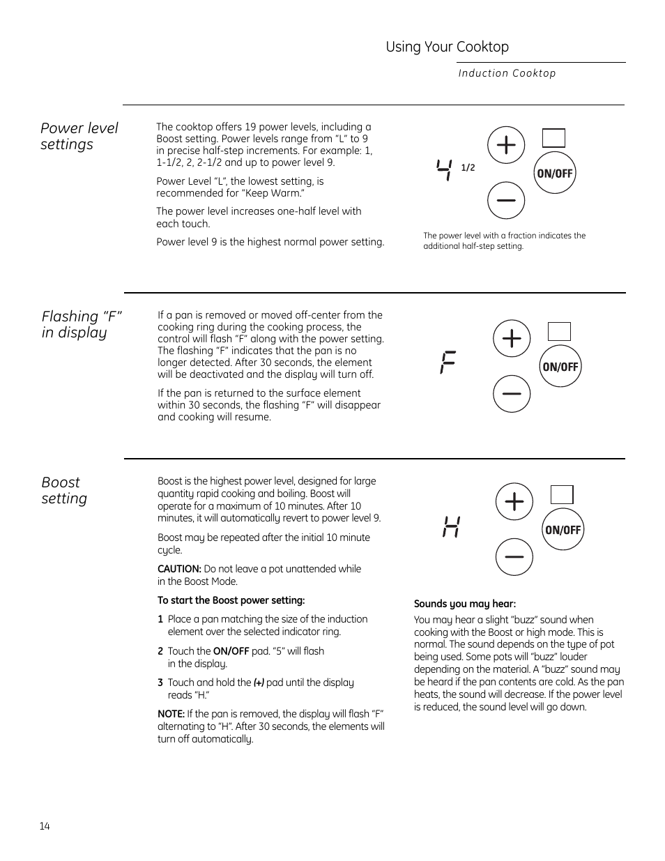 Using your cooktop, Power level settings, Flashing “f” in display | Boost setting | GE Monogram ZHU30 User Manual | Page 14 / 80