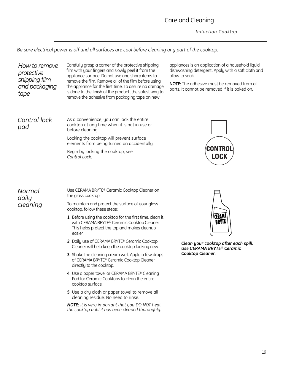Control lock pad, Glass cooktop, Packaging tape | Control lock pad glass cooktop –21 packaging tape, Care and cleaning, Normal daily cleaning | GE Monogram ZHU30 User Manual | Page 19 / 80