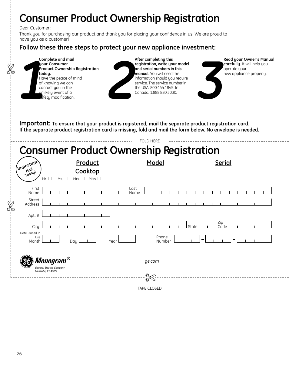 Consumer product ownership registration | GE Monogram ZHU30 User Manual | Page 26 / 80