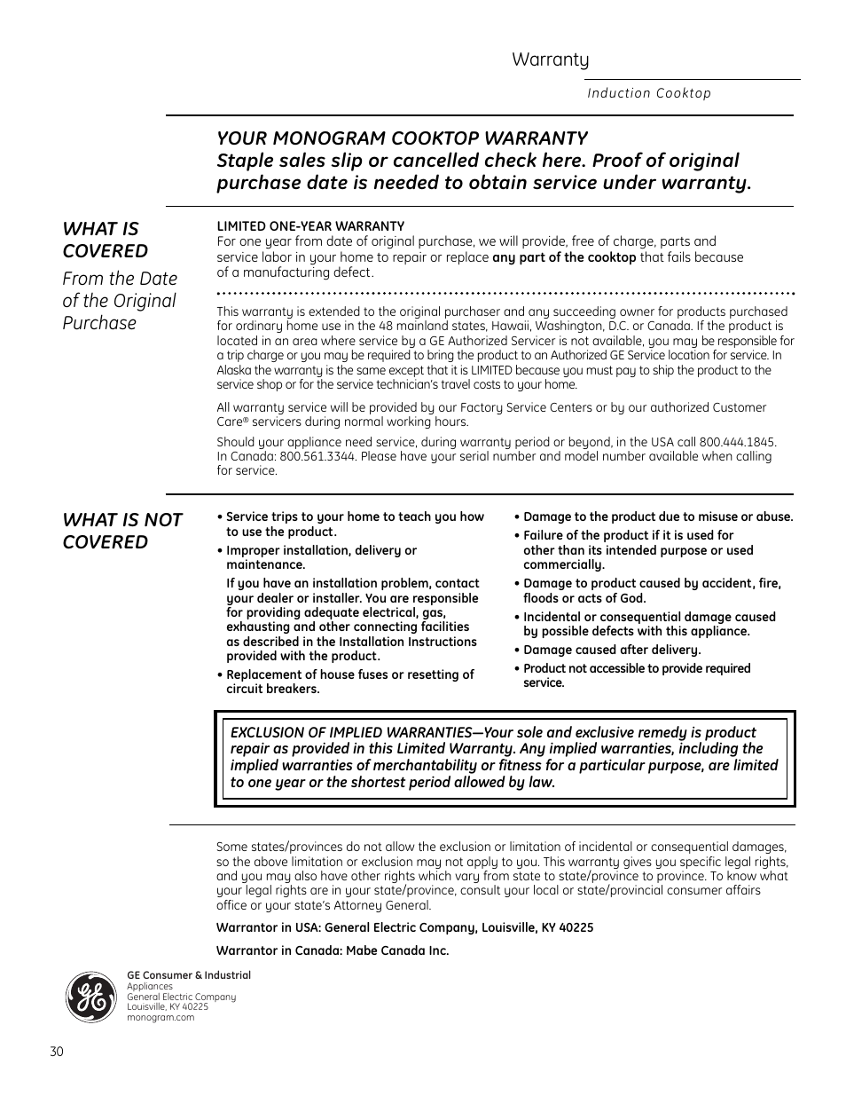 Warranty, What is not covered | GE Monogram ZHU30 User Manual | Page 30 / 80