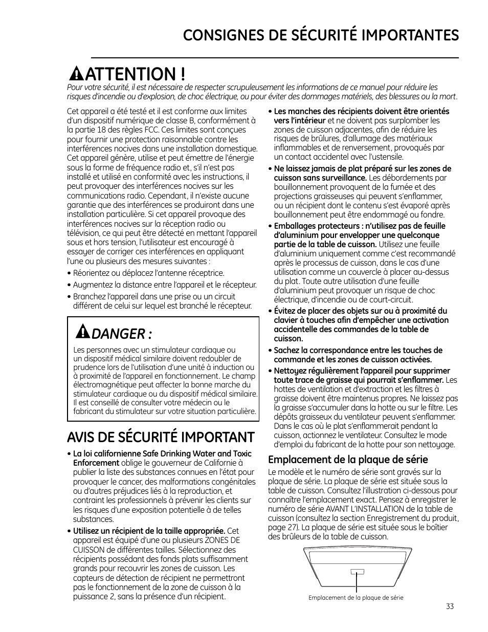 Consignes de sécurité, Consignes de sécurité -36, Attention | Consignes de sécurité importantes, Avis de sécurité important, Danger | GE Monogram ZHU30 User Manual | Page 33 / 80
