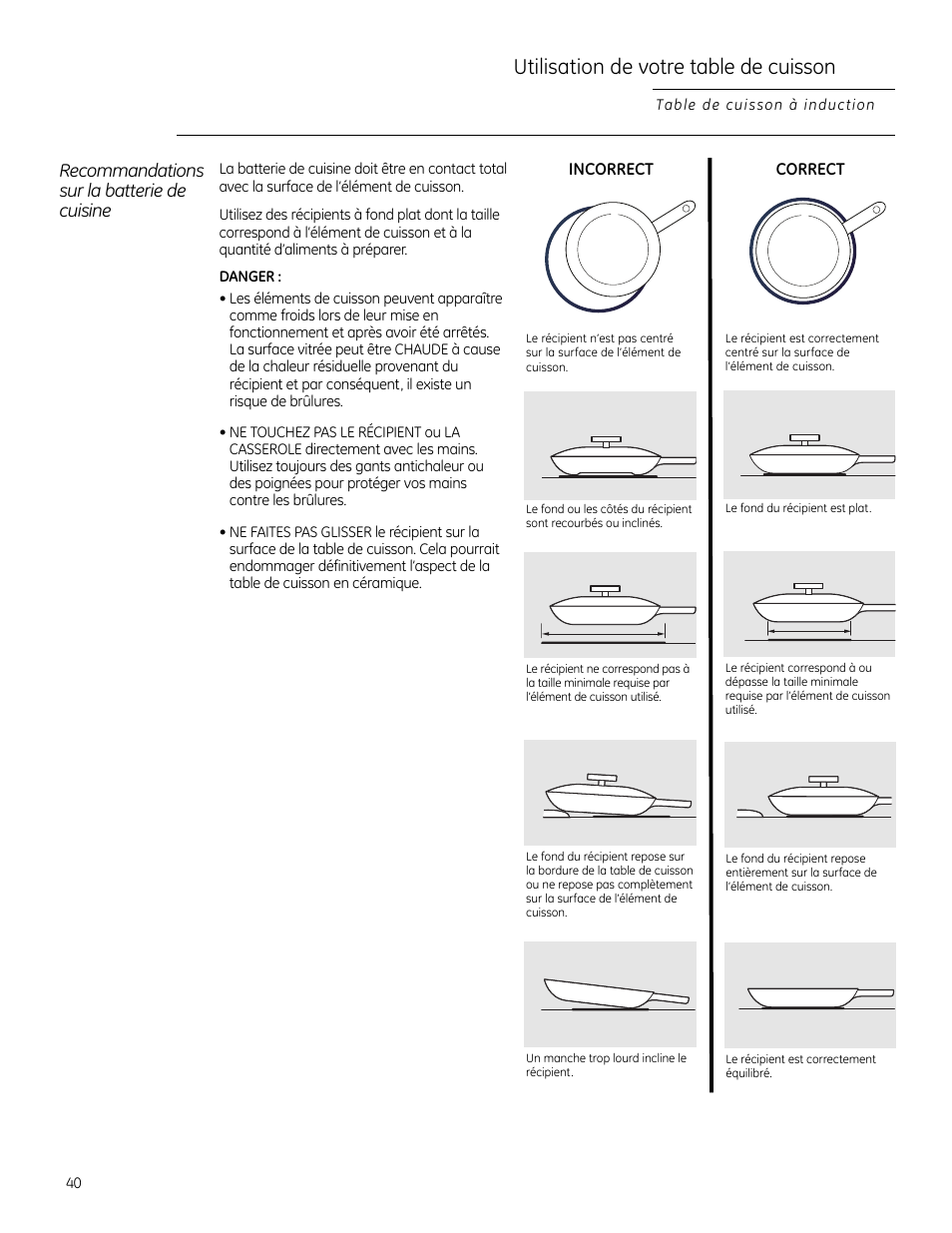 Utilisation de votre table de cuisson, Recommandations sur la batterie de cuisine | GE Monogram ZHU30 User Manual | Page 40 / 80