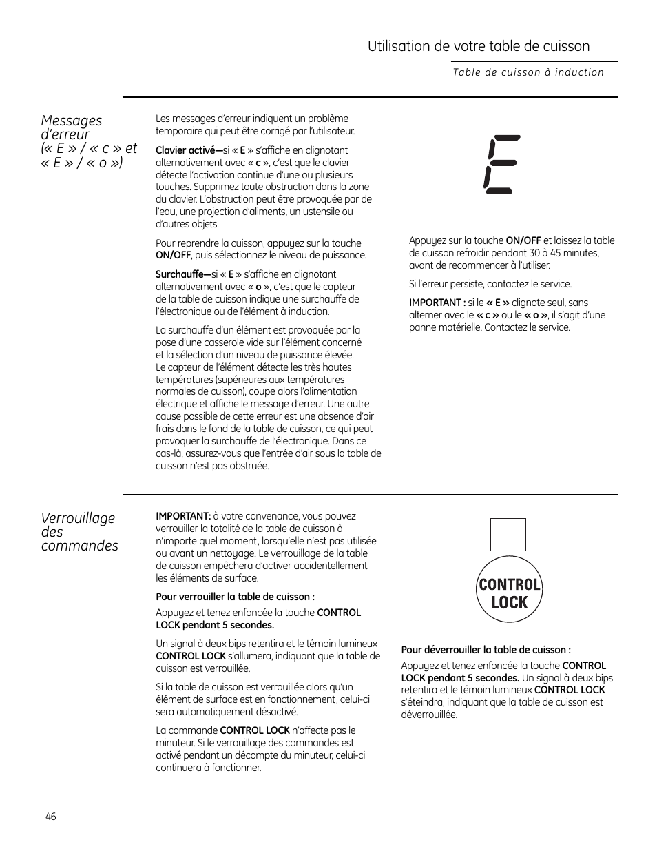 Verrouillage de la table de cuisson, Messages d’erreur (« e » / « c » et « e » / « o »), Utilisation de votre table de cuisson | Verrouillage des commandes | GE Monogram ZHU30 User Manual | Page 46 / 80