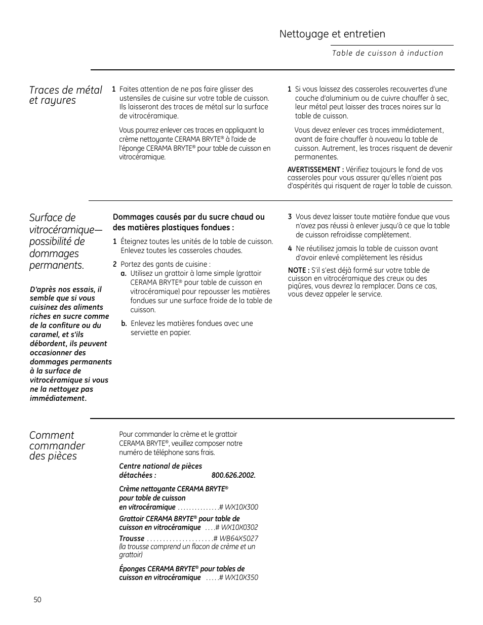Nettoyage et entretien, Traces de métal et rayures, Comment commander des pièces | GE Monogram ZHU30 User Manual | Page 50 / 80