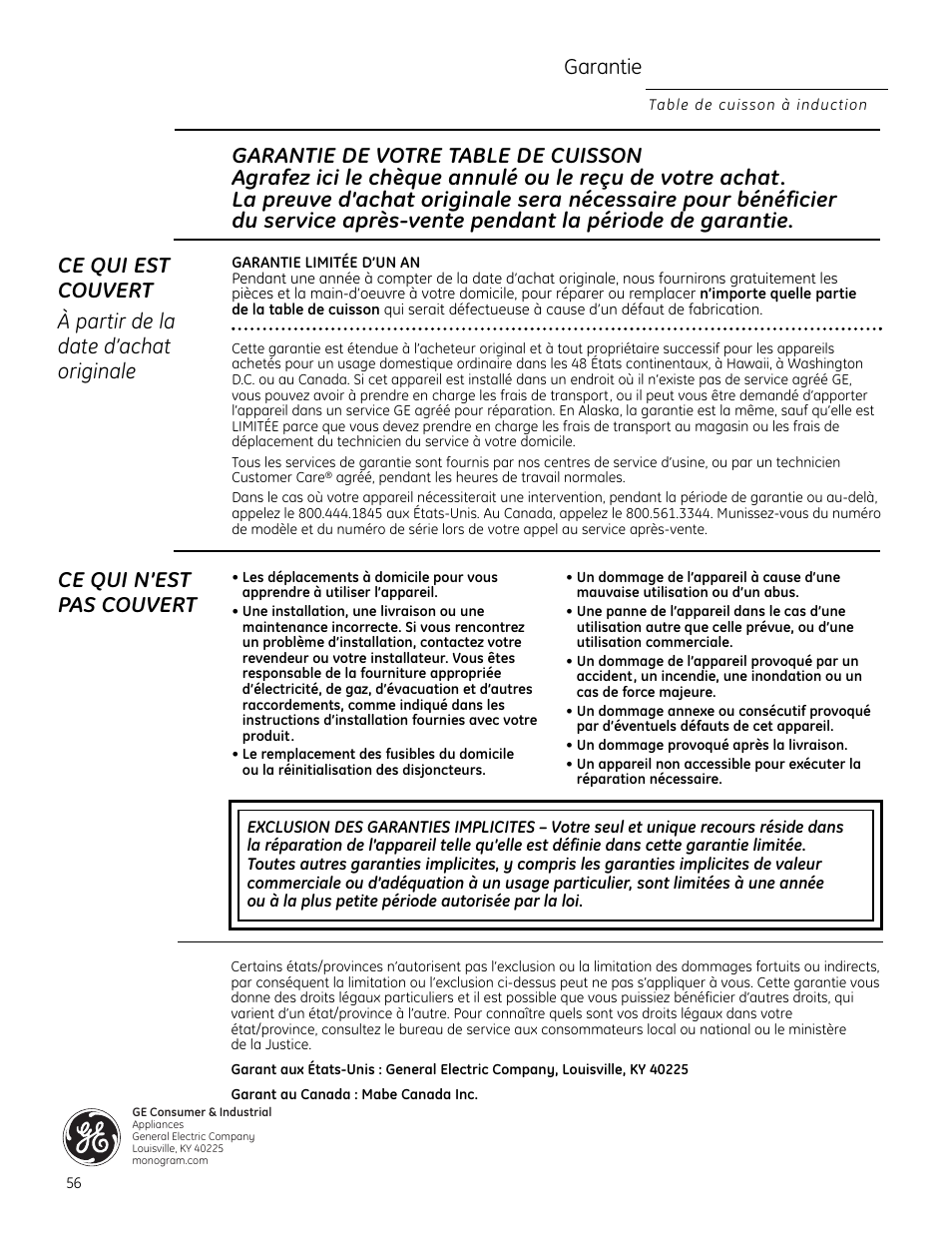 Garantie, Ce qui n’est pas couvert | GE Monogram ZHU30 User Manual | Page 56 / 80