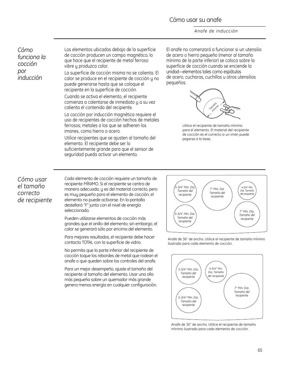 Cómo funciona la cocción por inducción, Recomendaciones sobre recipientes de cocción, Cómo usar su anafe | Cómo usar el tamaño correcto de recipiente | GE Monogram ZHU30 User Manual | Page 65 / 80