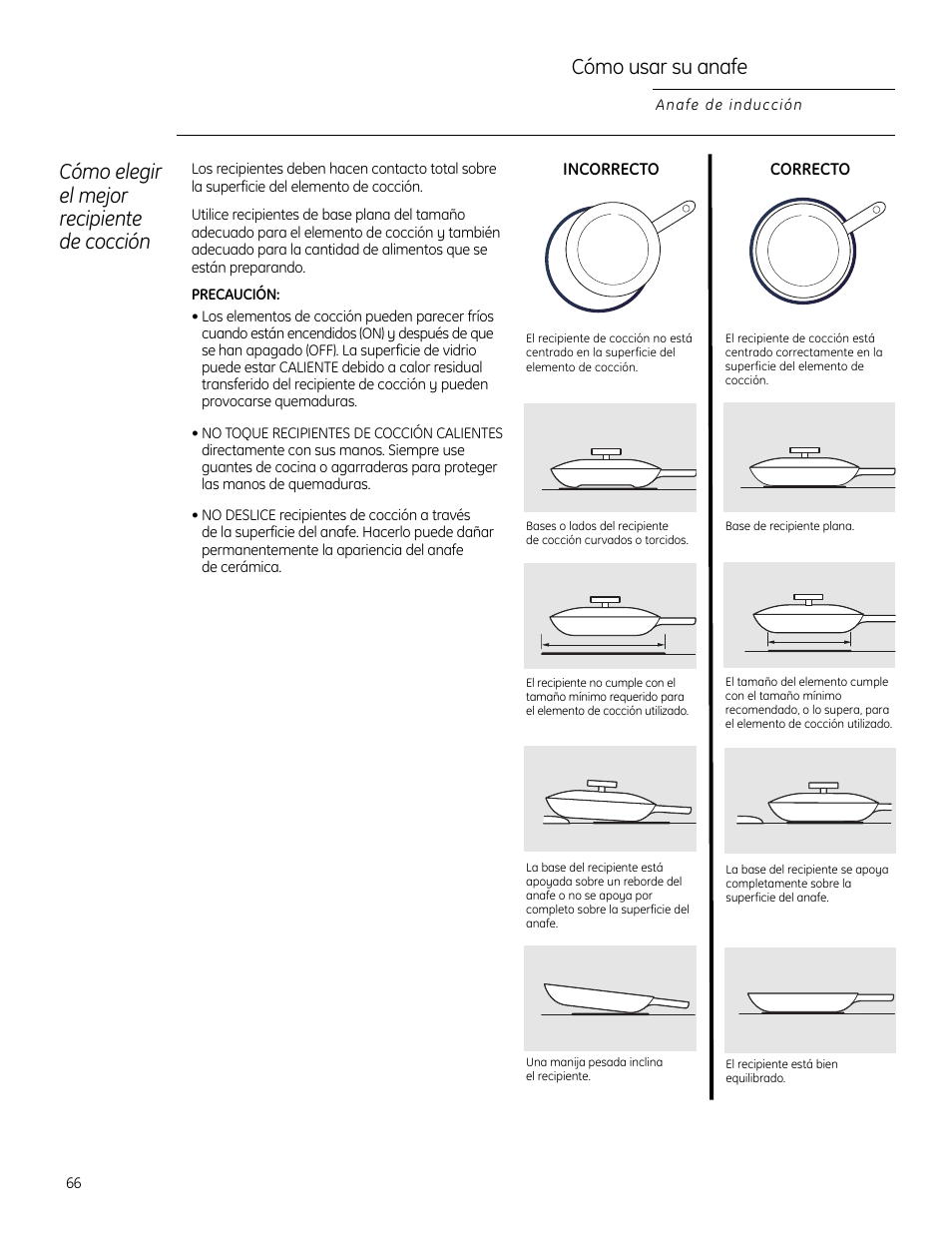 Cómo elegir el mejor recipiente de cocción, Cómo usar su anafe | GE Monogram ZHU30 User Manual | Page 66 / 80