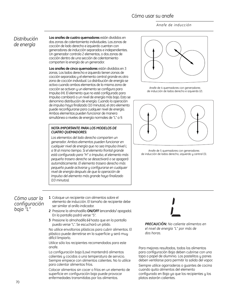 Configuración baja, Cómo usar su anafe, Distribución de energía | Cómo usar la configuración baja “l | GE Monogram ZHU30 User Manual | Page 70 / 80