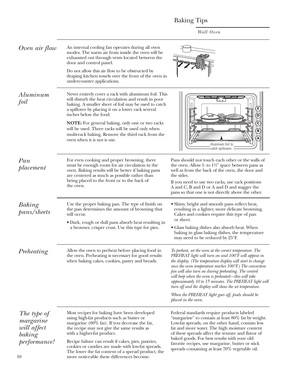 Aluminum foil, Aluminum foil , 13, 22, Baking tips | Pan placement, Preheating, Oven air flow, Baking pans/sheets | GE Monogram ZET2S User Manual | Page 10 / 128