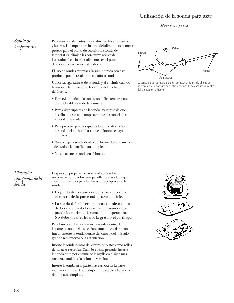 Ubicación apropiada de la sonda, Utilización de la sonda para asar, Sonda de temperatura | GE Monogram ZET2S User Manual | Page 100 / 128