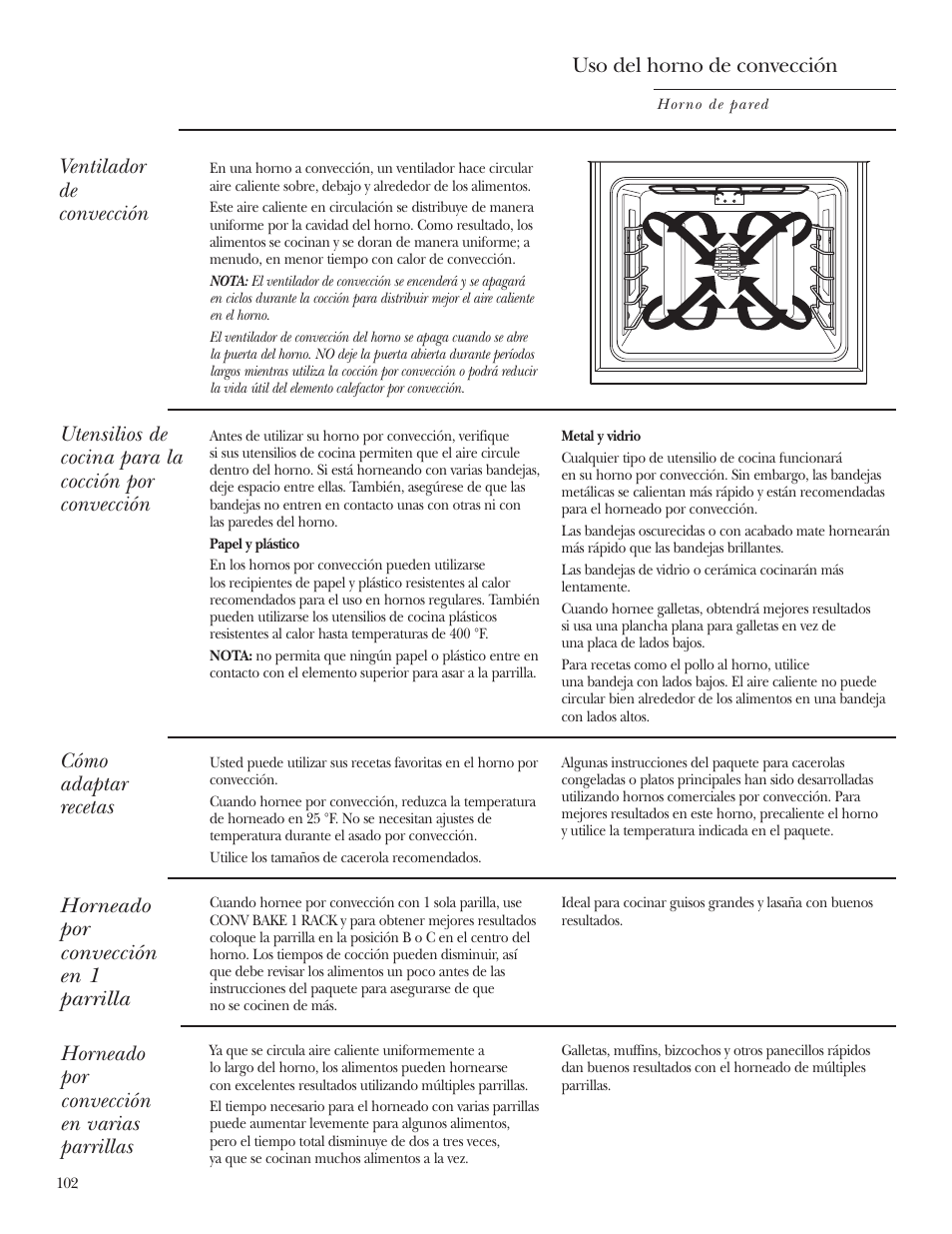 Cocción por convección, Cocción por convección –107, Uso del horno de convección | Horneado por convección en 1 parrilla, Horneado por convección en varias parrillas | GE Monogram ZET2S User Manual | Page 102 / 128