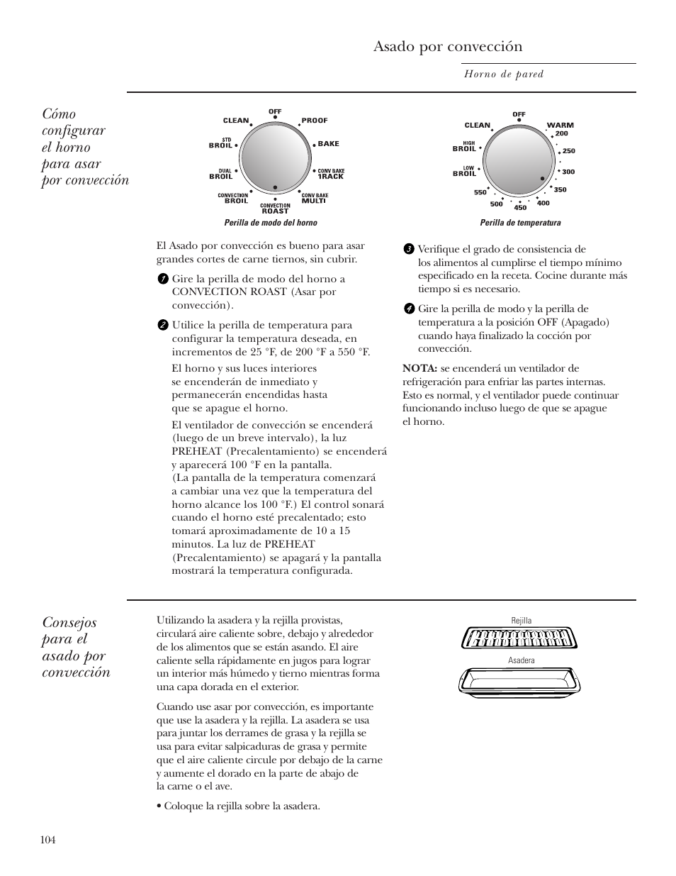 Asado por convección, Cómo configurar el horno para asar por convección, Consejos para el asado por convección | GE Monogram ZET2S User Manual | Page 104 / 128