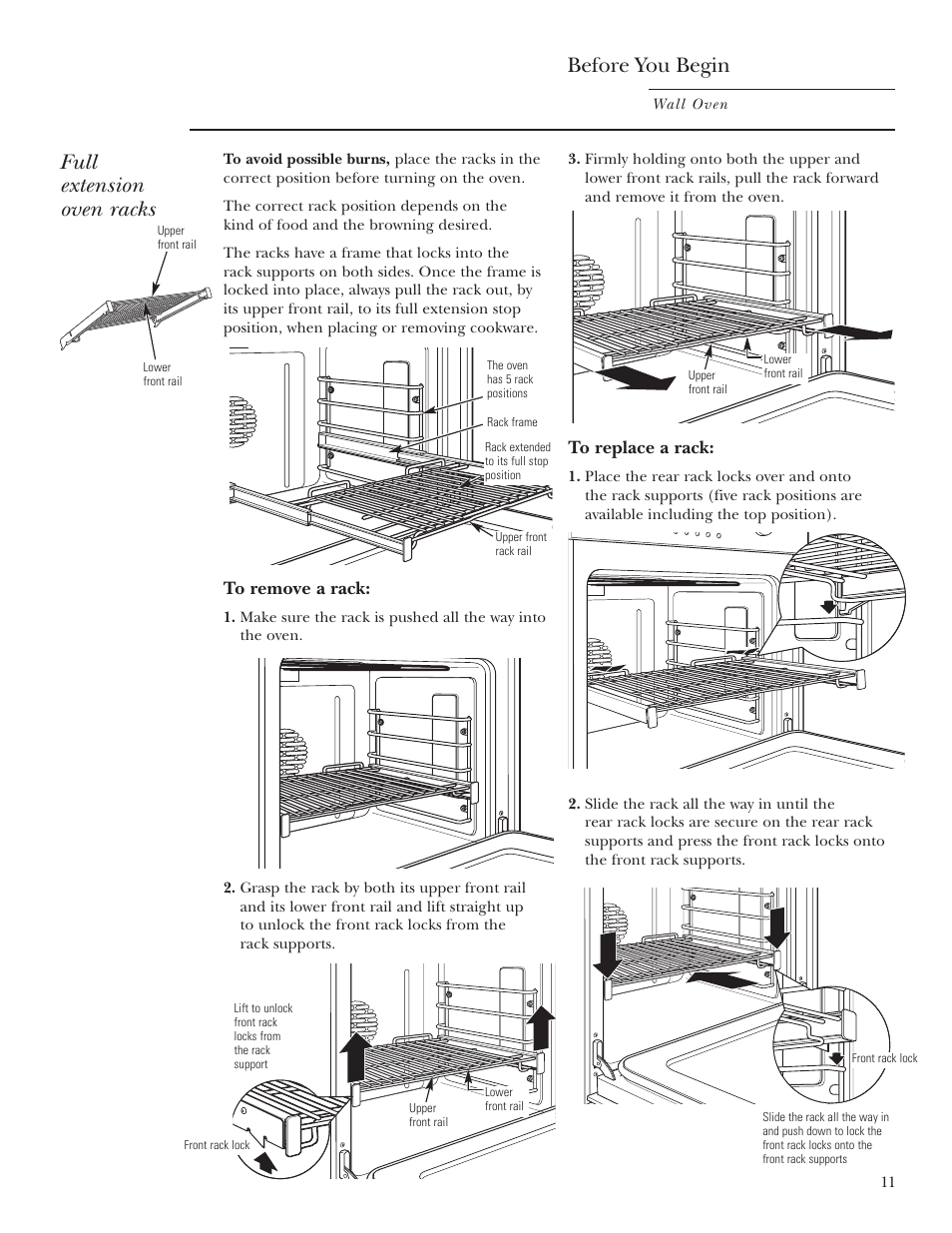 Racks, Before you begin, Full extension oven racks | GE Monogram ZET2S User Manual | Page 11 / 128