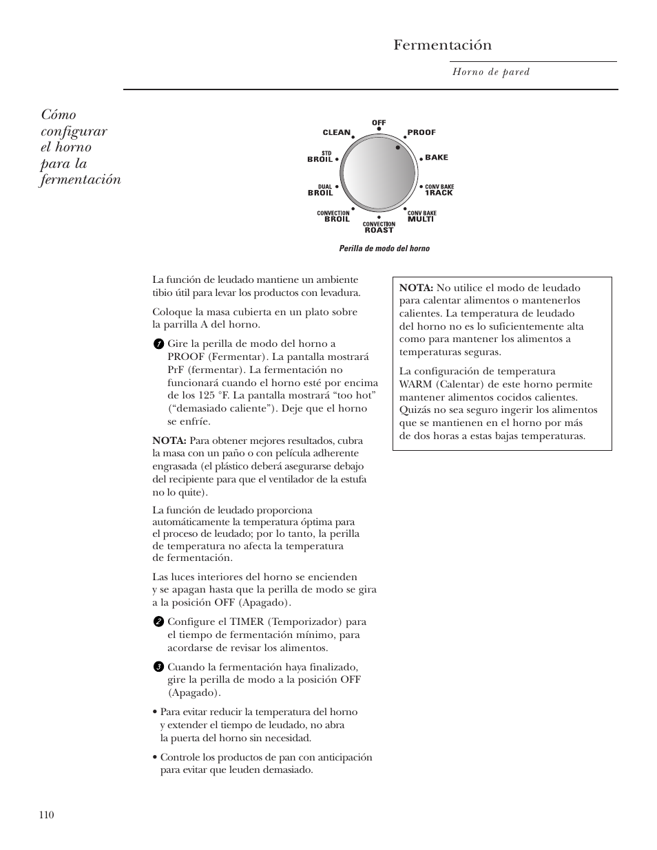 Fermentación, Cómo configurar el horno para la fermentación | GE Monogram ZET2S User Manual | Page 110 / 128