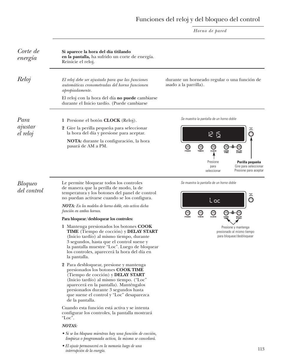 Bloqueo del control, Reloj, Funciones del reloj y del bloqueo del control | Para ajustar el reloj, Corte de energía | GE Monogram ZET2S User Manual | Page 113 / 128