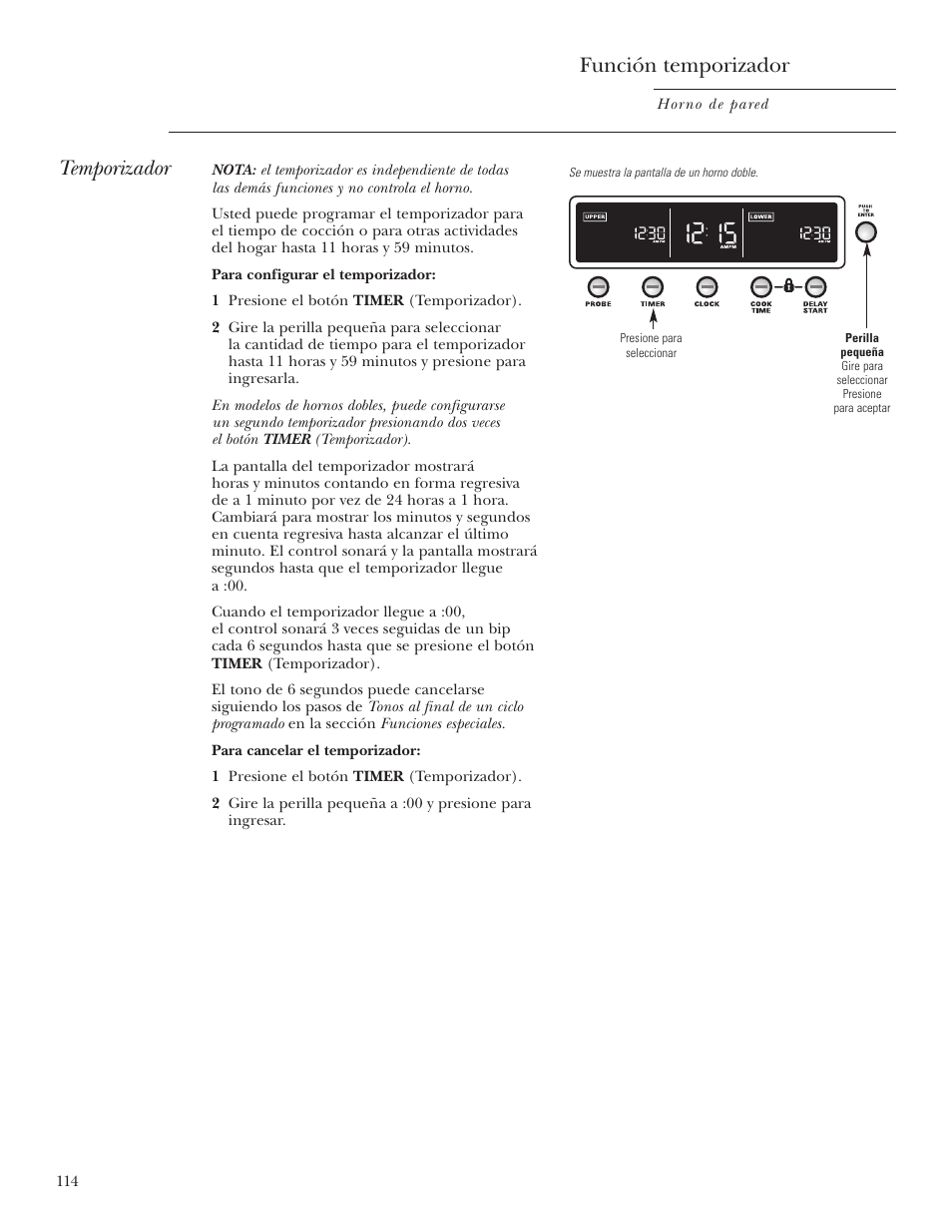 Temporizador, Función temporizador | GE Monogram ZET2S User Manual | Page 114 / 128