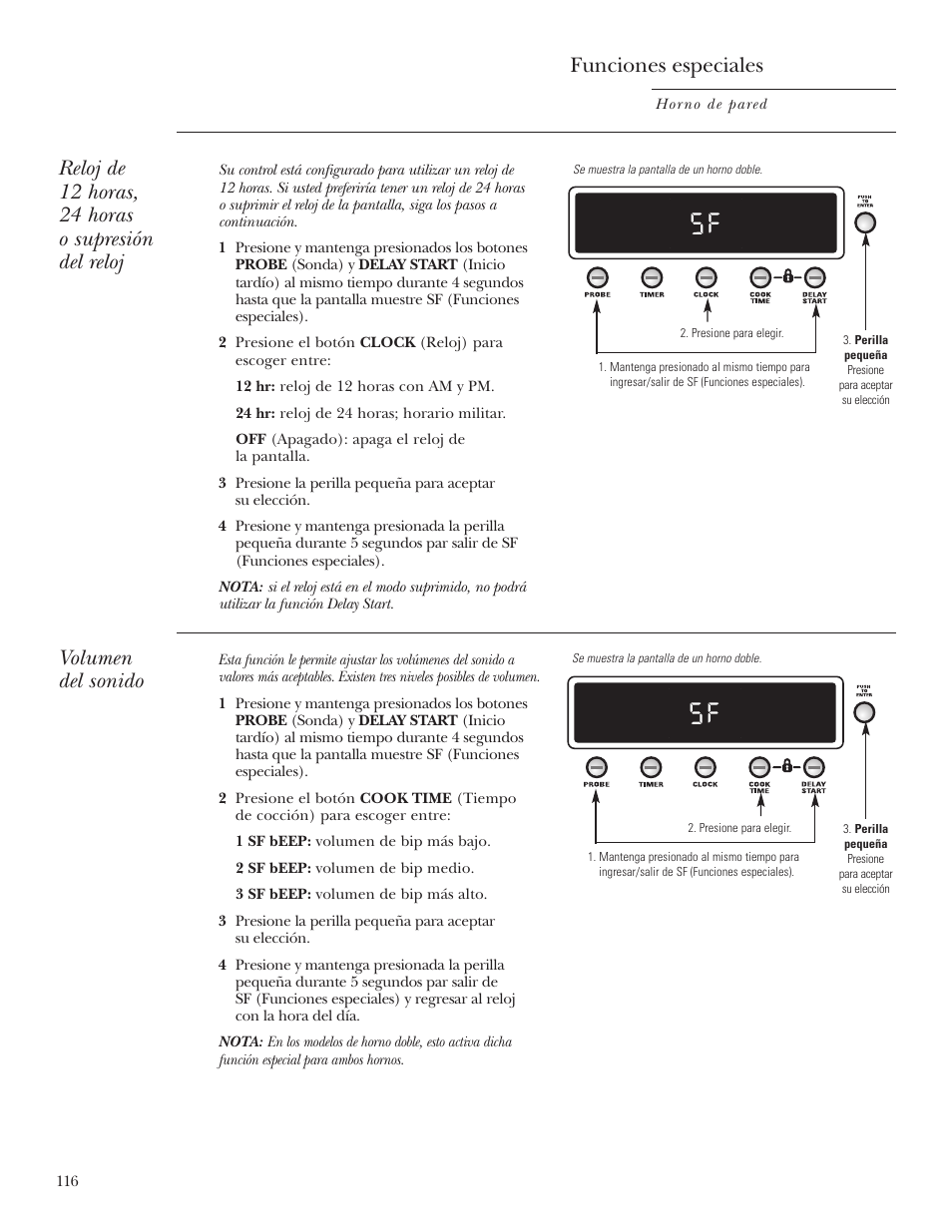 Volumen del sonido, Funciones especiales, Reloj de 12 horas, 24 horas o supresión del reloj | GE Monogram ZET2S User Manual | Page 116 / 128