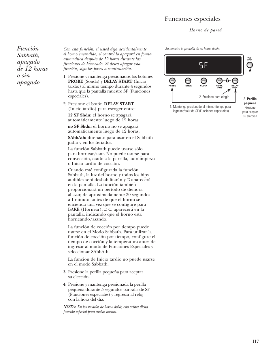 Función sabbath, Función sabbath, apagado de 12 horas o sin apagado, Funciones especiales | GE Monogram ZET2S User Manual | Page 117 / 128