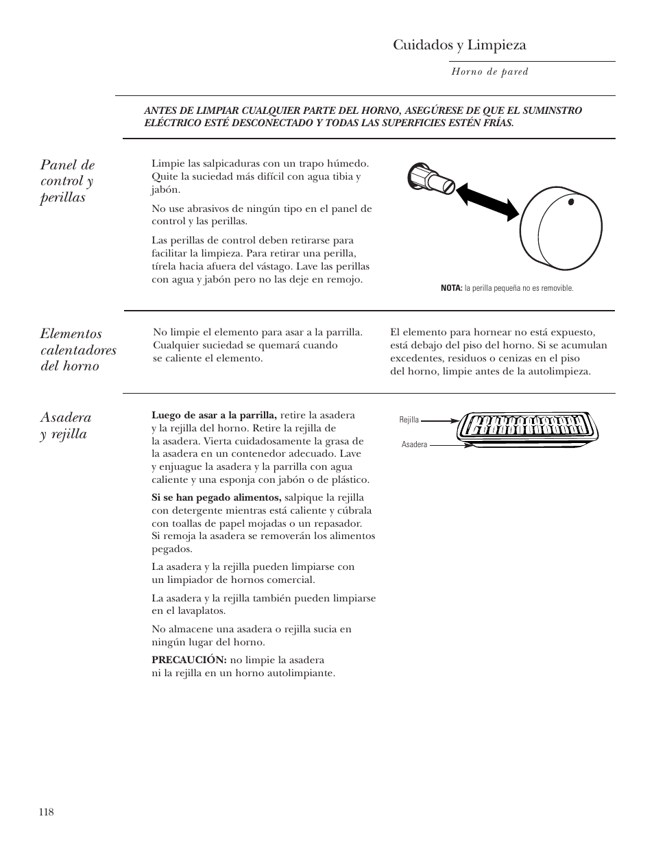 Asadera y rejilla, Panel de control y perillas, Elementos calentadores del horno | Cuidados y limpieza | GE Monogram ZET2S User Manual | Page 118 / 128